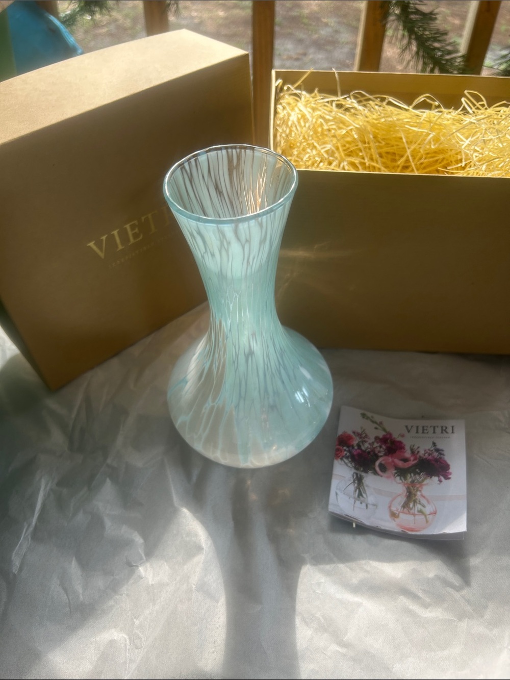Vietri Aqua and White Swirl Handblown Glass Vase